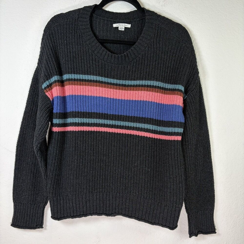 American Eagle Gray Rainbow Stripe Knit Festival Pullover Sweater Size M